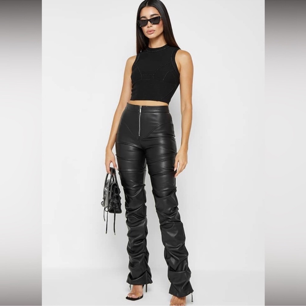 Maniere De Voir Black Ruched Leather Flare Pants